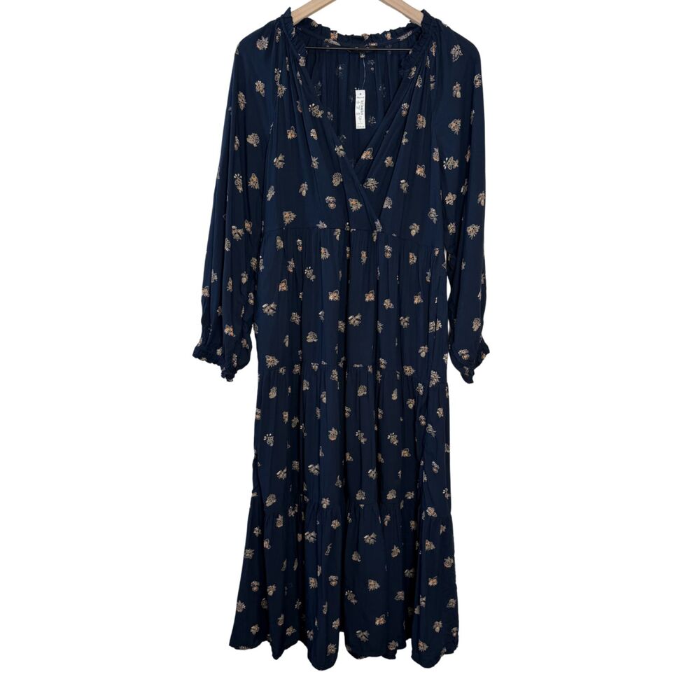 NWT Madewell Challis Long Sleeve Midi Navy Blue Floral V-Neck Tiered Dress Sz M